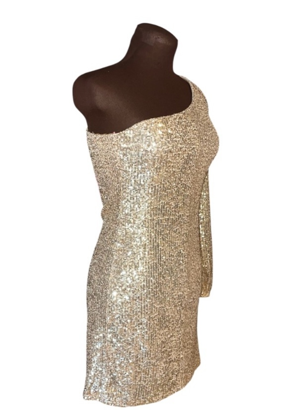 BETSEY JOHNSON Luisa Gold Shimmer Sequin One Shoulder Bodycon Party Dress Medium - Picture 5 of 10